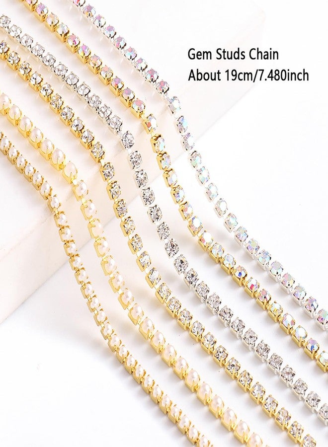 JERCLITY 1 Box 6 Strips Nail Chains for Nail Art Gold Silver Alloy Metal Nail Art Chains Inlay Pearl Rhinestone AB Diamond for Acrylic Nail Art Punk Nail Studs Jewelry Accessories for Women Nail Art - Image 4